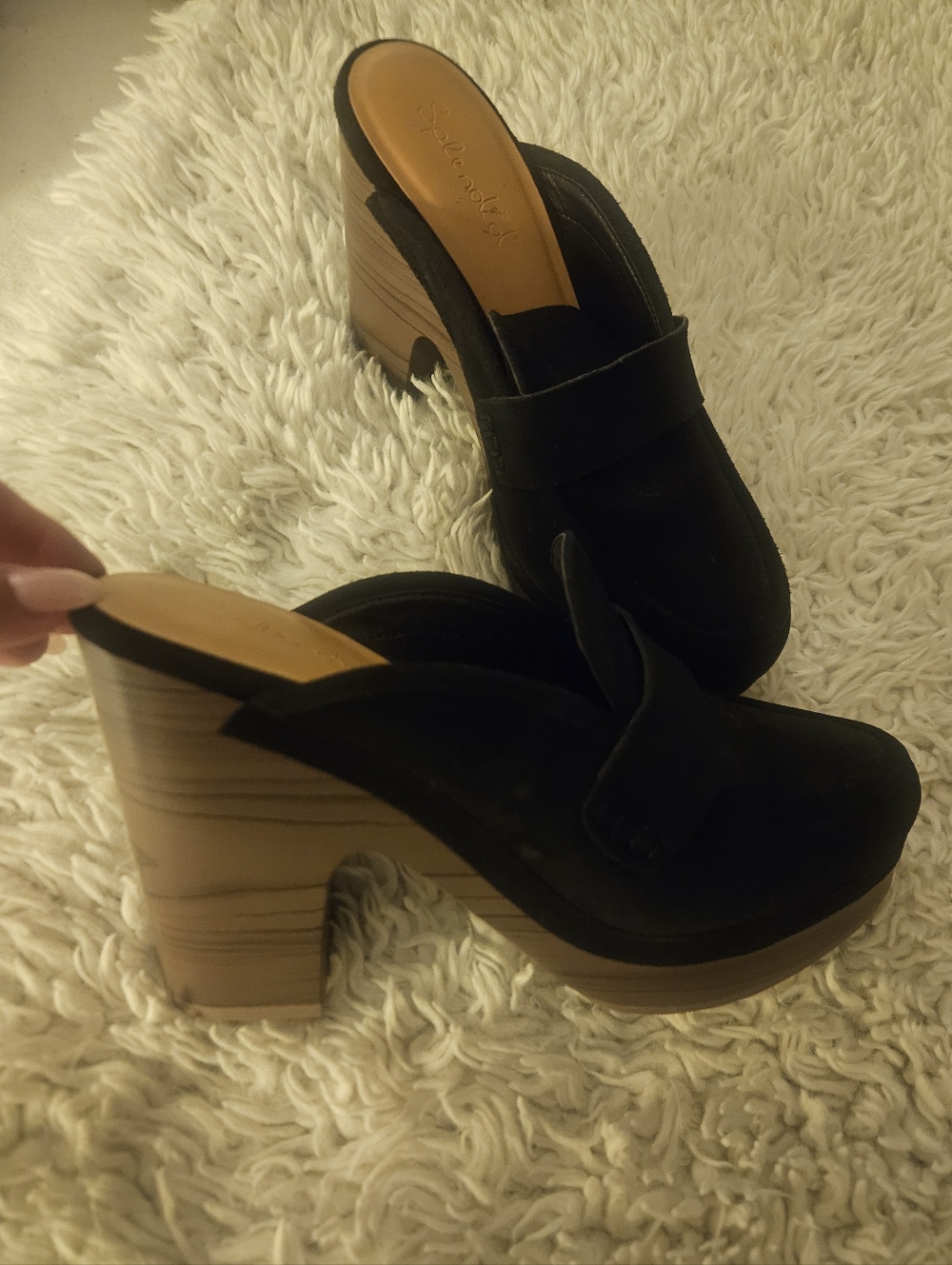 Splendid Vina Black Loafer Genuine Suede Platform Mule Clogs Wood Effect Heel